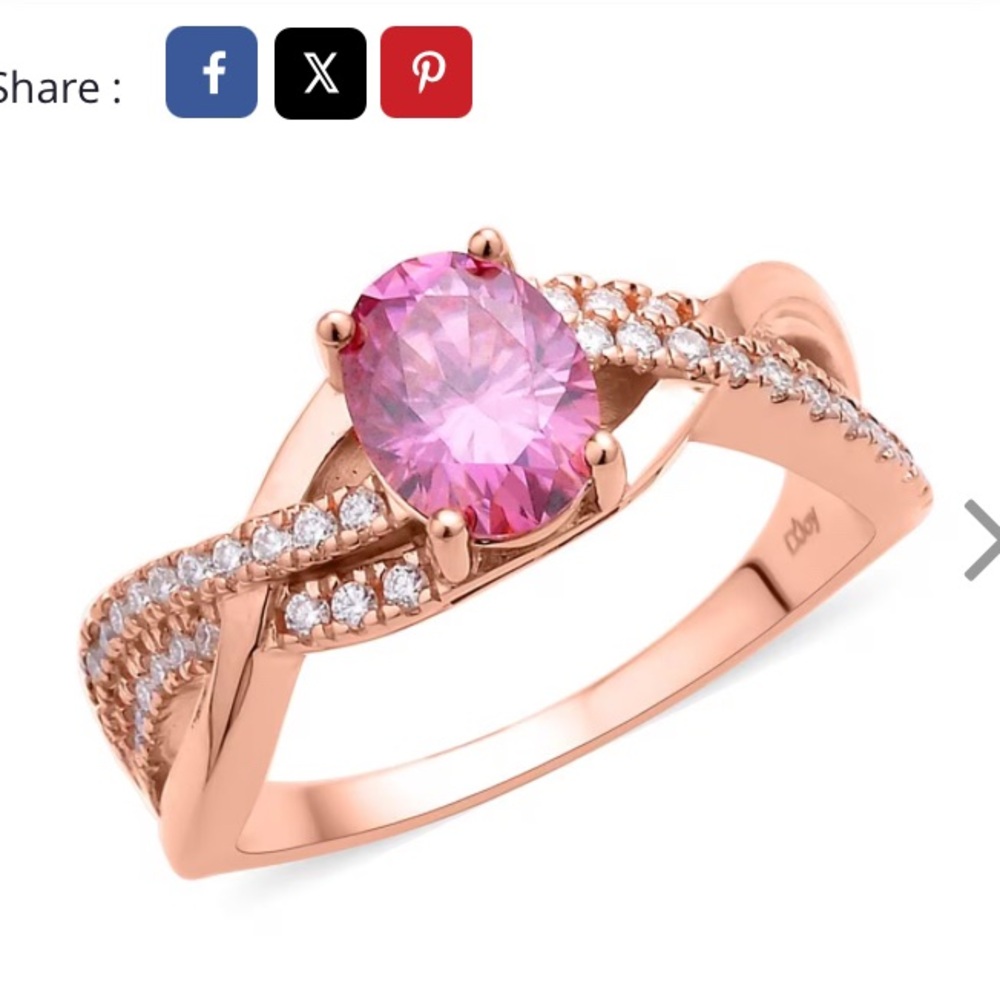 Rose Gold, pink and white moissonite split shank Ring over sterling silver sz 8
